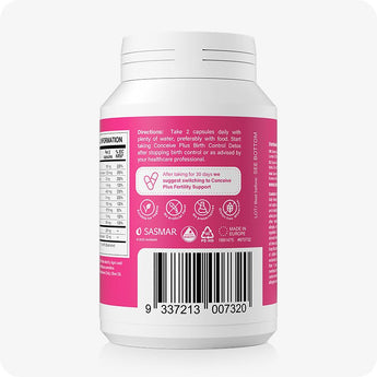 Conceive Plus Birth Control Detox bottle rear view showing daily dosage directions, nutrition table, product icons, barcode, and manufacturing details on a vivid pink label with white and black text.
