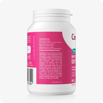 Conceive Plus Birth Control Detox bottle shown from side to display product information, cautionary details, distributor addresses, and barcode printed on pink and white label, set against white background.