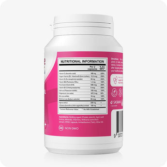 Conceive Plus Birth Control Detox bottle angled to display detailed nutritional information panel, listing vitamins, minerals, herbal extracts, and ingredients on pink and white label with clear black text.