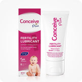 Conceive Plus Fertility Lubricant 30ml Tube shown with its retail box, featuring a white tube with pink text and matching packaging of 30ml fertility lubricant that includes a baby photo, pH balanced icon, and fertility support details on white background.