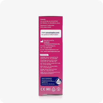 Conceive Plus Fertility Lubricant (3x4g Pre-filled Applicators) side of retail box 3x4g pre-filled fertility lubricant applicators box showing manufacturer details, contact information, distribution list, certification icons, and quality assurance seal on a pink background.