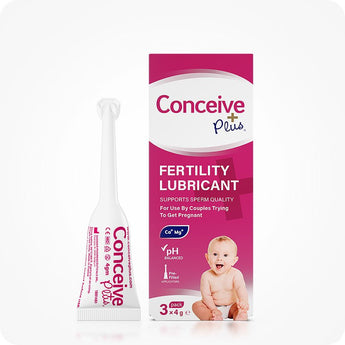 Conceive Plus Fertility Lubricant (3x4g Pre-filled Applicators) box of 3x4g pre-filled fertility lubricant applicators displayed upright next to a single pre-filled applicator, featuring a pink and white design with pH balanced and sperm quality support claims, baby image on front, photographed on white background.