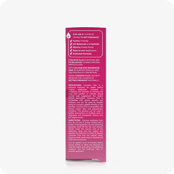 Conceive Plus Fertility Lubricant (3x4g Pre-filled Applicators) side box panel of 3x4g pre-filled fertility lubricant applicators featuring product benefits, usage directions, and fertility-friendly claims in white and pink text, presented clearly for couples planning conception.