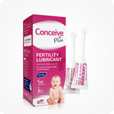 Conceive Plus Fertility Lubricant (8x4g Pre-filled Applicators) — product image displays a pink and white retail box of 8x4g pre-filled fertility lubricant applicators featuring a smiling baby and bold fertility claims, alongside two individually sealed pre-filled applicators with printed branding, designed for sperm-safe vaginal lubrication to support conception.
