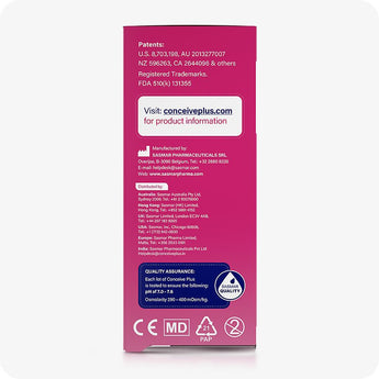 Conceive Plus Fertility Lubricant (8x4g Pre-filled Applicators) — back side of 8x4g pre-filled fertility lubricant applicators retail box showing manufacturer details, patent numbers, global distributor contacts, and a blue SASMAR quality assurance label confirming pH and osmolality standards for fertility-safe use.