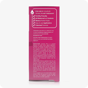 For Conceive Plus Fertility Lubricant (8x4g Pre-filled Applicators) — side panel of 8x4g pre-filled fertility lubricant applicators product box featuring key benefits such as pH balance, sperm compatibility, and patented formula, along with detailed usage instructions and medical indications printed in white text on a pink background.