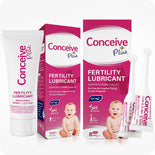 Conceive Plus Fertility Lubricant Duo Bundle (75ml and 8 Applicators) showing 75ml fertility lubricant box and tube with its white cap on left and 8x4g pre-filled fertility lubricant applicators box and two applicators, boxes featuring a baby image and product claims, with visible branding and dosage labels.