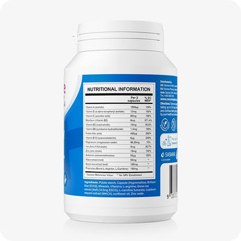 Conceive Plus Men's Fertility Support bottle showcasing full nutritional information panel, including precise vitamin and mineral dosages per serving, printed on blue label with ingredient list at bottom for consumer clarity.