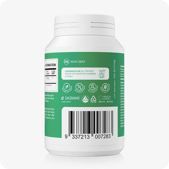 Conceive Plus Morning Sickness Relief supplement bottle displaying back label with product barcode, NON-GMO badge, brand trust icon, and multiple symbols indicating vegan, allergen-free, and preservative-free certification on a green and white background.