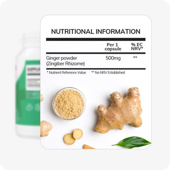 Conceive Plus Morning Sickness Relief nutritional information label featuring 500mg of ginger powder (Zingiber Rhizome) per capsule, displayed alongside raw ginger root, ginger slices, and ground ginger powder on white background with green bottle blurred in the back.