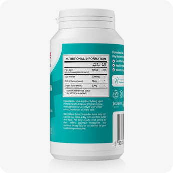 For Conceive Plus Motility and Ovulation Support Bundle, facts panel of Women's Ovulation Support bottle displaying nutritional information for Myo-Inositol, CoQ10, folic acid, and ginger extract, with ingredients list and usage directions printed on a teal label.