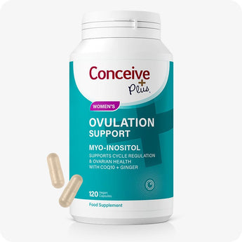 For Conceive Plus Motility and Ovulation Support Bundle, Women's Ovulation Support bottle in teal and white, labeled with Myo-Inositol, CoQ10, and Ginger, with two beige vegan capsules floating beside container on white background.