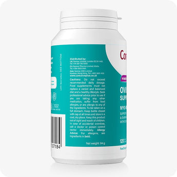 For Conceive Plus Motility and Ovulation Support Bundle, side view of Women's Ovulation Support bottle with cautionary text, dosage instructions, manufacturer contact details, and barcode visible on teal label, against white background.
