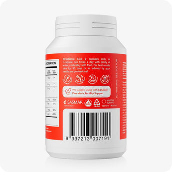 For Conceive Plus Motility and Ovulation Support Bundle, back label of Men's Motility Support supplement showing dosage directions, product benefits with icons, ingredient table, and barcode, all set against a vibrant red background for clear visibility.