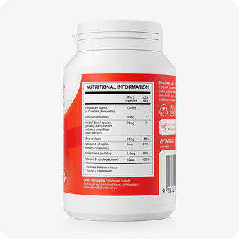 For Conceive Plus Motility and Ovulation Support Bundle, rear label of Men's Motility Support supplement bottle featuring a nutritional facts chart for zinc, CoQ10, ginseng, L-carnitine, and vitamins, with a red background and printed dosage and ingredient information.