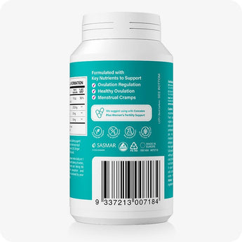 For Conceive Plus Motility and Ovulation Support Bundle, rear view highlighting Women's Ovulation Support label with icons for ovulation regulation, menstrual health, and supplement benefits, alongside a barcode and nutritional details on a teal background.