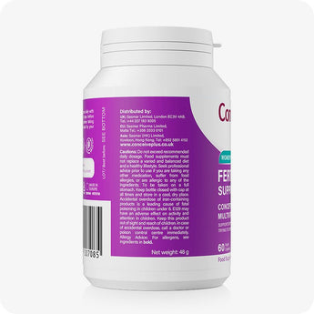 Conceive Plus Women's Fertility Support bottle turned to display product caution details, distribution addresses for UK, EU, and Asia, barcode, and dosage warnings printed in white text on purple label.