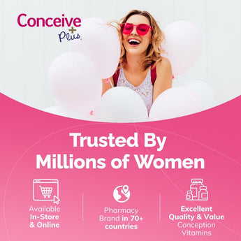 Advertisement for Conceive Plus with a woman in sunglasses surrounded by balloons on a pink background.