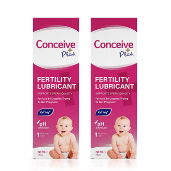 Conceive Plus Fertility Lubricant 30ml Tube twin pack image showing two identical retail boxes of 30ml fertility lubricant multi-use tube side by side, each with pink and white design, bold fertility support text, baby photo, and icons for pH balance, calcium and magnesium content.