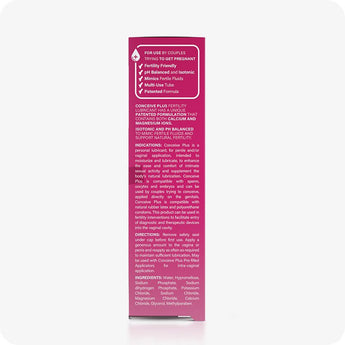 Conceive Plus Fertility Lubricant 30ml Tube side packaging displayed upright, showing product details of 30ml fertility lubricant multi-use tube, including fertility-friendly claims, usage directions, key ingredients, and compatibility icons printed in white text on pink label and white background.