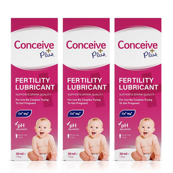 Conceive Plus Fertility Lubricant 30ml Tube triple pack featuring three upright product boxes of 30ml fertility lubricant multi-use tube aligned side by side, each with a pink and white design, baby image, fertility support claims, and calcium-magnesium content displayed on front.