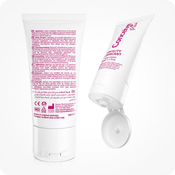 Conceive Plus Fertility Lubricant 30ml Tube featuring one tube standing to display multi-language usage instructions in pink text, alongside another 30ml fertility lubricant multi-use tube angled with flip-top cap open, showing dispenser tip on white background.