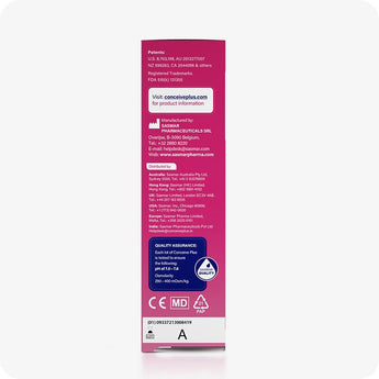 Conceive Plus Fertility Lubricant 30ml Tube product box side view displaying manufacturer and distributor contact details of 30ml fertility lubricant multi-use tube, quality assurance label, batch number, and certification icons in white text over a magenta background and white frame.