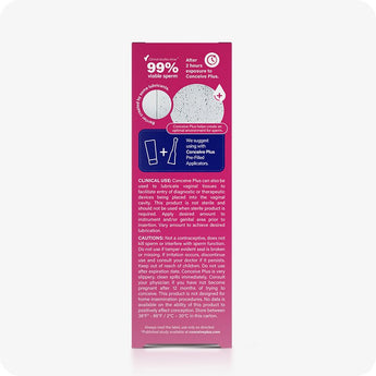 Conceive Plus Fertility Lubricant 30ml Tube packaging back panel displaying clinical usage notes, cautionary statements, and sperm viability comparison graphic of 30ml fertility lubricant multi-use tube, with white and blue text on a deep pink background and white frame.