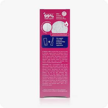 Conceive Plus Fertility Lubricant 75ml back packaging of 75ml fertility lubricant box showing clinical usage guidance, cautionary notes, and infographic claiming 99% viable sperm after 2 hours of exposure, with supportive visuals promoting use with pre-filled applicators.