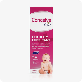 Conceive Plus Fertility Lubricant 75ml box front-facing image showing vibrant pink packaging of 75ml fertility lubricant, Ca⁺ + Mg⁺ symbol, pH balanced checkmark, and a smiling baby graphic.