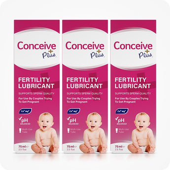 Conceive Plus Fertility Lubricant 75ml triple pack featuring three identical front-facing boxes of 75ml fertility lubricant multi-use tube with white and magenta design, baby photo, and key benefits like calcium-magnesium ions, sperm quality support, and multi-use pH-balanced formulation.
