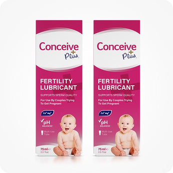 Conceive Plus Fertility Lubricant 75ml twin pack showing two identical boxes of 75ml fertility lubricant multi-use tube side by side, each featuring brand’s signature pink and white packaging, baby image, and key benefits like pH balance and sperm quality support.