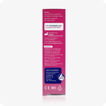 Conceive Plus Fertility Lubricant 75ml side panel of 75ml fertility lubricant multi-use tube box displaying manufacturer details, distributor contact information for multiple countries, patent numbers, FDA registration, and a blue quality assurance badge highlighting pH and osmolarity test ranges.