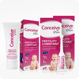 For Conceive Plus Max Fertility Bundle (75ml Tube and 16 Applicators), white multi-use 75ml fertility lubricant tube on left and two pink and white branded boxes in the center and right, one with 8x4g pre-filled fertility lubricant applicator shown upright in front, all set against a white background with baby imagery to emphasize fertility and family planning.