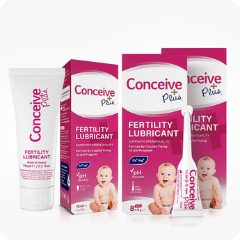 For Conceive Plus Max Fertility Bundle (75ml Tube and 16 Applicators), white multi-use 75ml fertility lubricant tube on left and two pink and white branded boxes in the center and right, one with 8x4g pre-filled fertility lubricant applicator shown upright in front, all set against a white background with baby imagery to emphasize fertility and family planning.