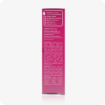 For Conceive Plus Max Fertility Bundle (75ml Tube and 16 Applicators), side panel of 75ml fertility lubricant tube box in rich pink, listing product benefits like fertility support, pH balance, and patented formula, along with usage directions, compatibility notes, and full ingredient list in small white text.