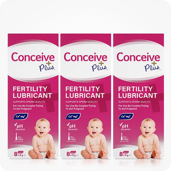 For Conceive Plus Max Fertility Bundle (75ml Tube and 16 Applicators), a triple pack of 8x4g pre-filled fertility lubricant applicator boxes, arranged in a row with bright pink branding, calcium-magnesium icons, baby visuals, and pH balance indicators, set against white background.