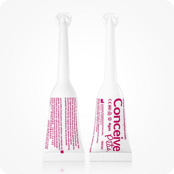 For Conceive Plus Max Fertility Bundle (75ml Tube and 16 Applicators) featuring front and back views of two 4g pre-filled fertility lubricant applicators displayed upright, showcasing product labeling, dosage instructions, and clinical symbols in pink text on white background.