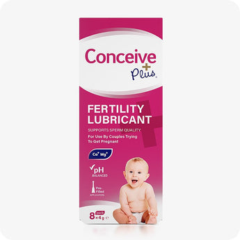 For Conceive Plus Max Fertility Bundle (75ml Tube and 16 Applicators), showing front-facing retail box of 8x4g pre-filled fertility lubricant applicators in bold pink and white packaging, labeled with pH balanced formula, sperm quality support claims, and a baby image at bottom center for visual emphasis on fertility use.