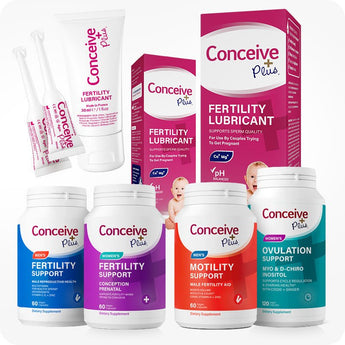 Collection of Conceive Plus fertility products including lubricant, support, and ovulation support on a white background.