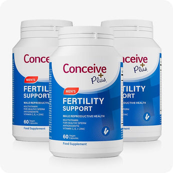 Conceive Plus Men's Fertility Support 3-pack bundle featuring three 60-capsule bottles in a triangular arrangement, with front-facing blue and white labels designed to promote sperm health, ideal for long-term male fertility support and multi-month use.