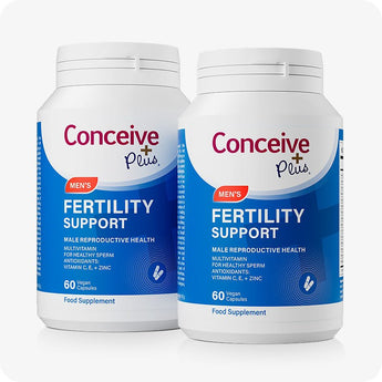 Conceive Plus Men's Fertility Support 2-pack supplement set featuring two 60-capsule bottles with blue and white labels, arranged side by side on white background to highlight bundle value and support for male reproductive health with essential vitamins and antioxidants.