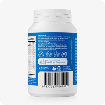 Conceive Plus Men's Fertility Support bottle back view displaying supplement facts, manufacturer details, usage directions, barcode, and icons indicating vegan, allergen-free, and non-GMO attributes, all printed on blue label background.