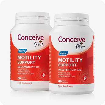 Conceive Plus Men's Motility Support twin pack featuring two full-size bottles with bold red and white packaging, each labeled with 60 vegan capsules for male fertility aid, displayed side by side on white background.
