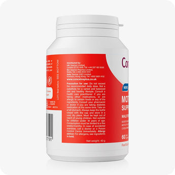 Conceive Plus Men's Motility Support side view displaying supplement facts, distributor details, and usage precautions on a red and white label, with clear text and barcode visible on a rounded bottle.