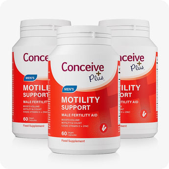 Conceive Plus Men's Motility Support triple pack showing three bottles arranged in a triangular layout, each labeled with 60 vegan capsules for male fertility support, set against white background.