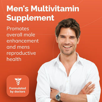 Advertisement for men's multivitamin supplement with a smiling man on an orange background