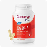 Supplement container labeled 'Conceive Plus' for motility support on a white background