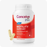 Supplement container labeled 'Conceive Plus' for motility support on a white background