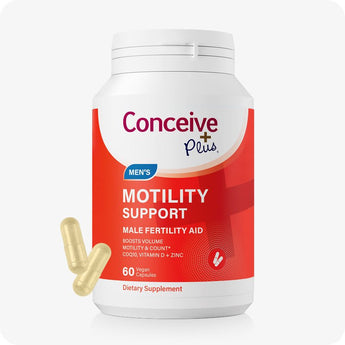Supplement container labeled 'Conceive Plus' for motility support on a white background